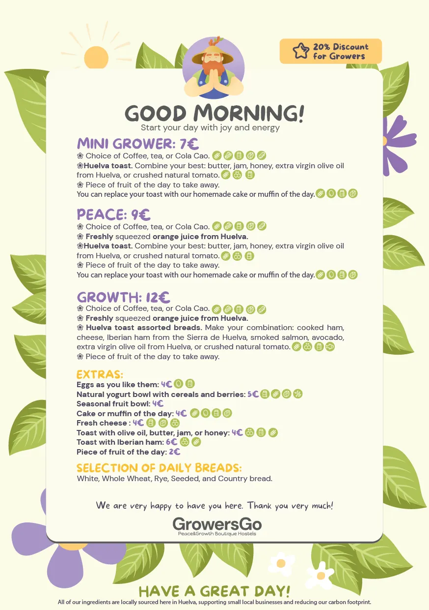 Healthy Breakfast at GrowersGo Boutique Hostel Huelva menu