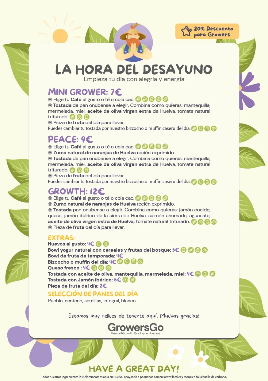 Desayuno Saludable en GrowersGo Boutique Hostel Huelva menu